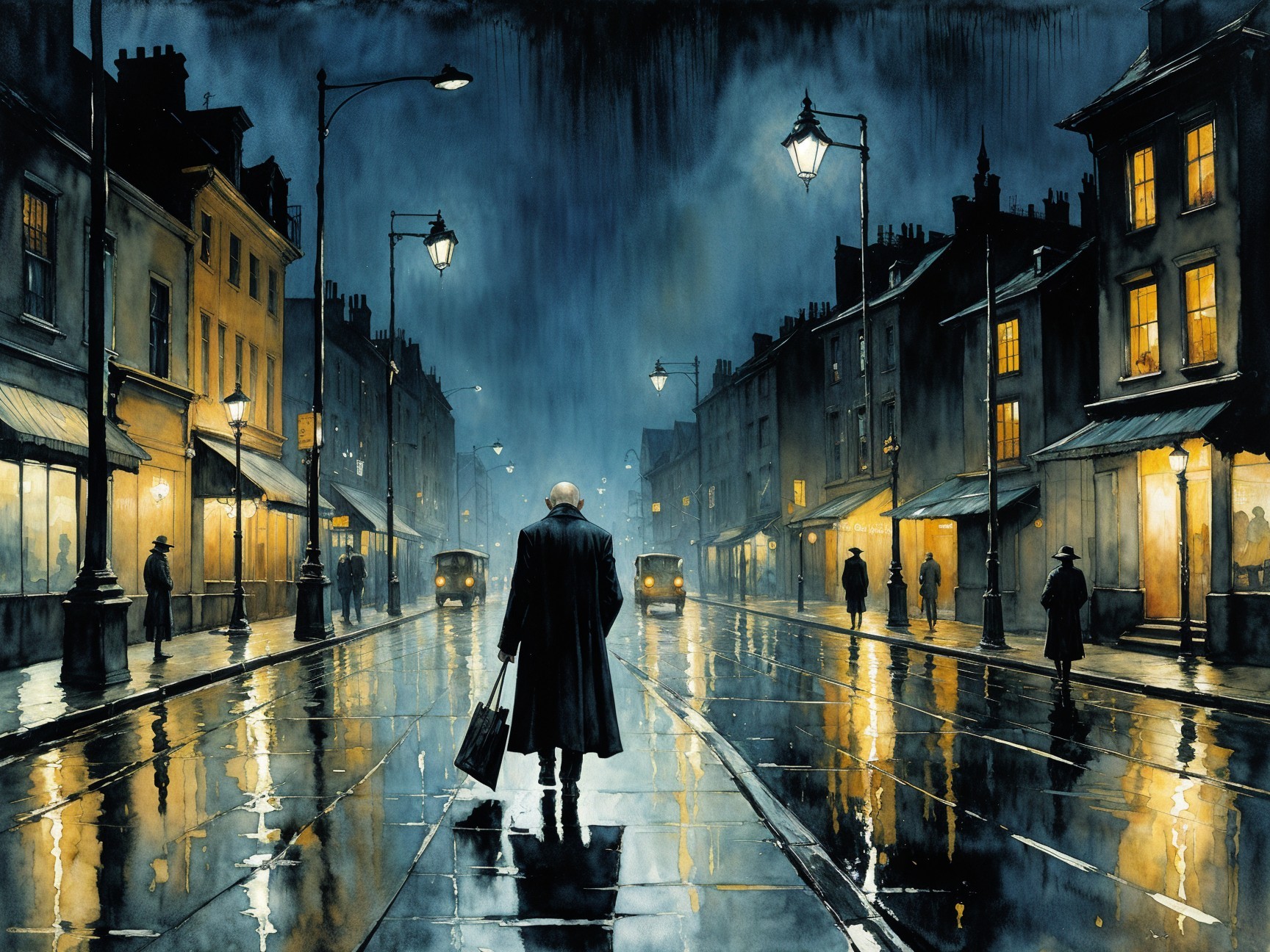 Solitary Figure in a Rain-Soaked Urban Street Scene
