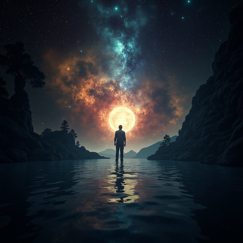 Silhouetted Figure by Tranquil Water and Cosmic Nebula