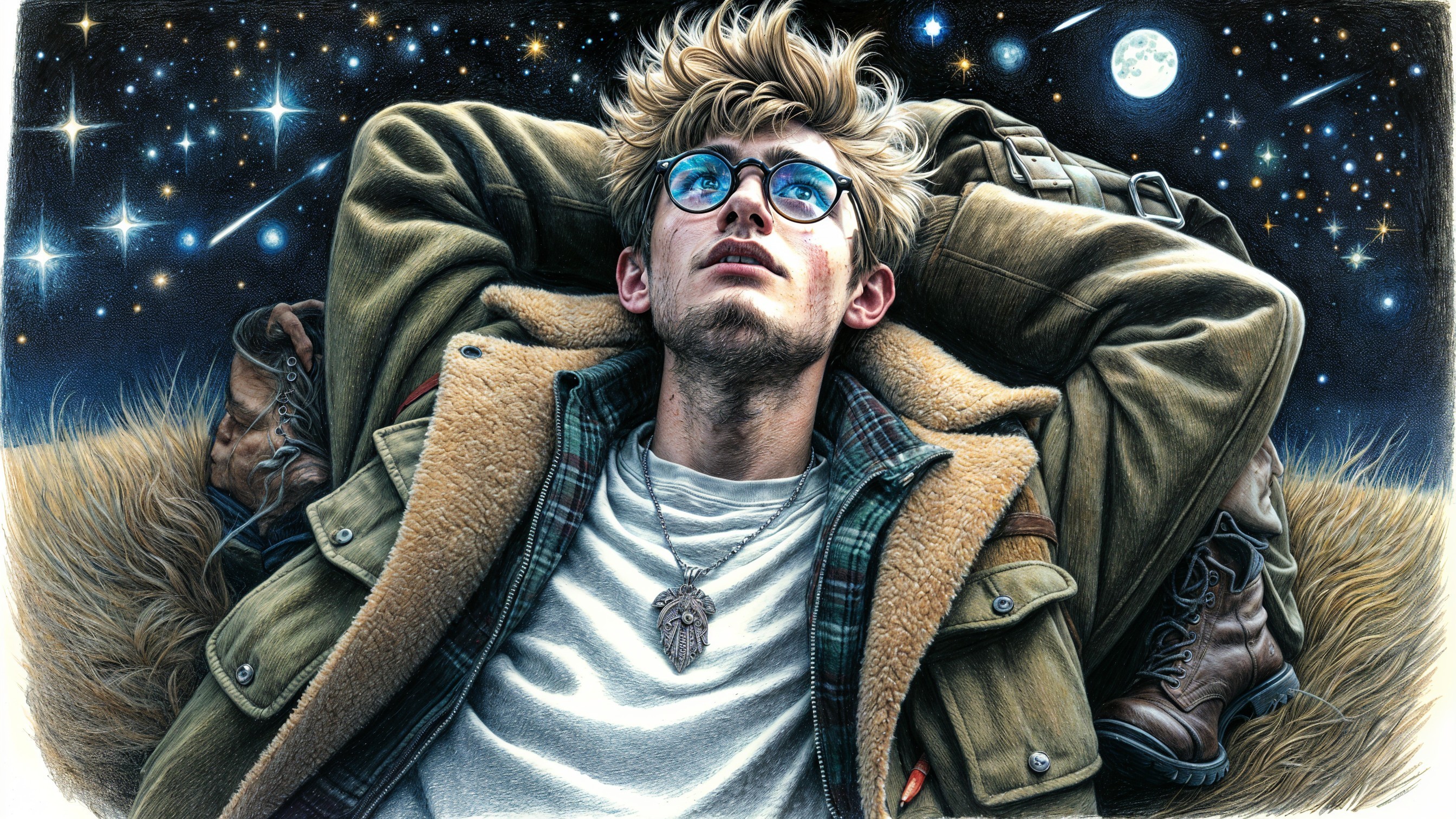 Young man in grassy field under starry night sky