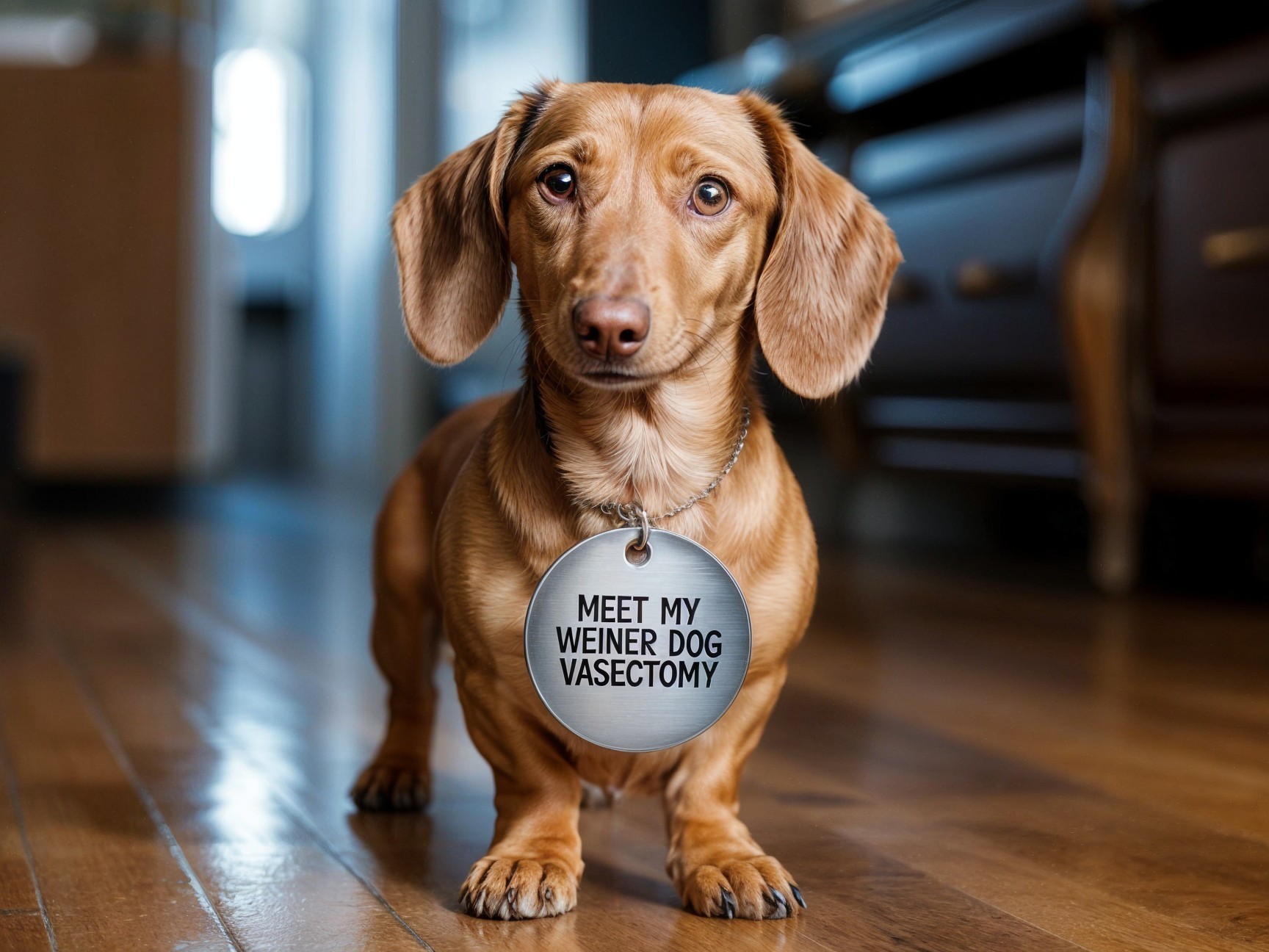 Dachshund with Humorous Tag on Wooden Floor