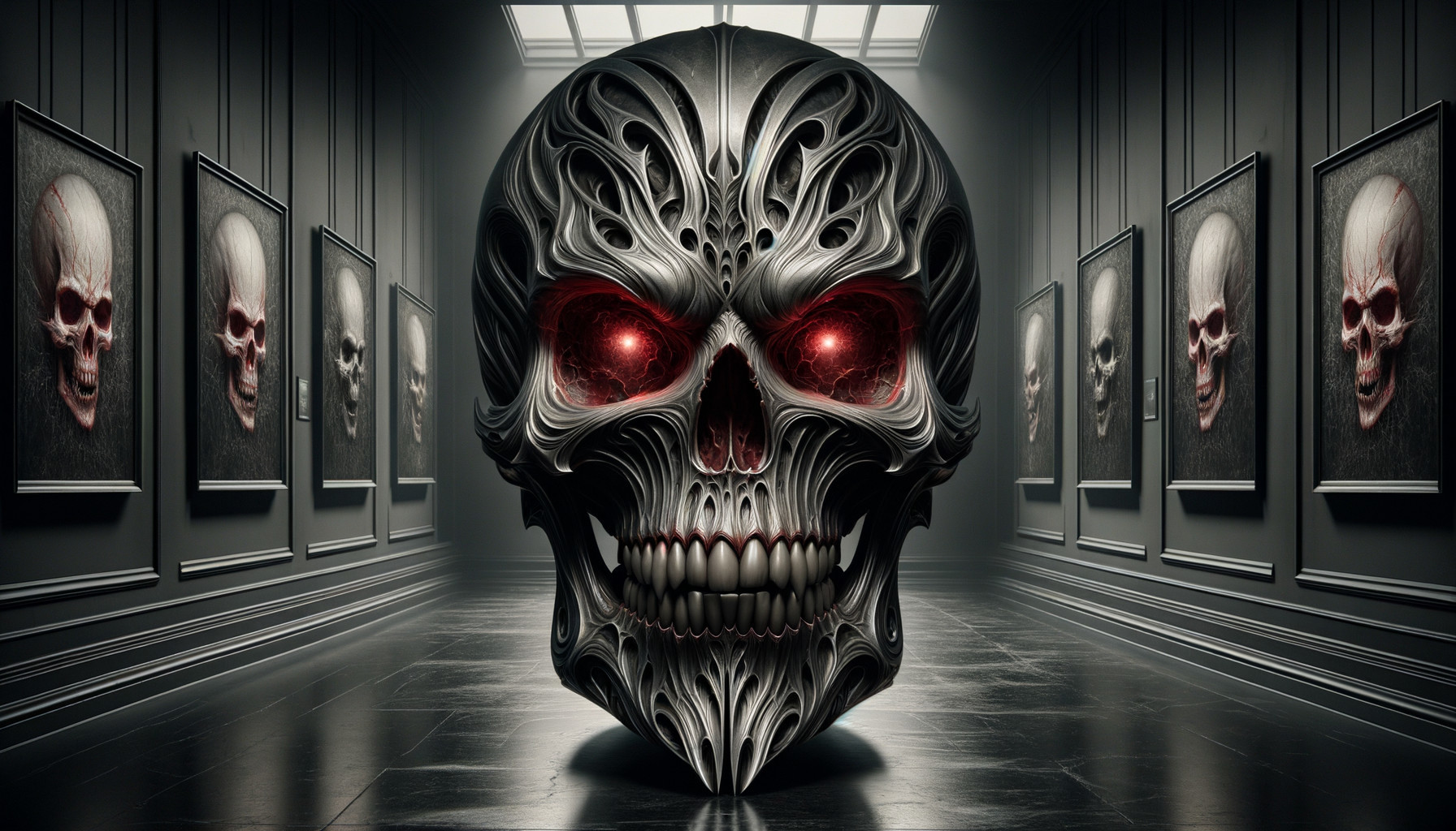 Intricately Designed Skull in Dimly Lit Gallery