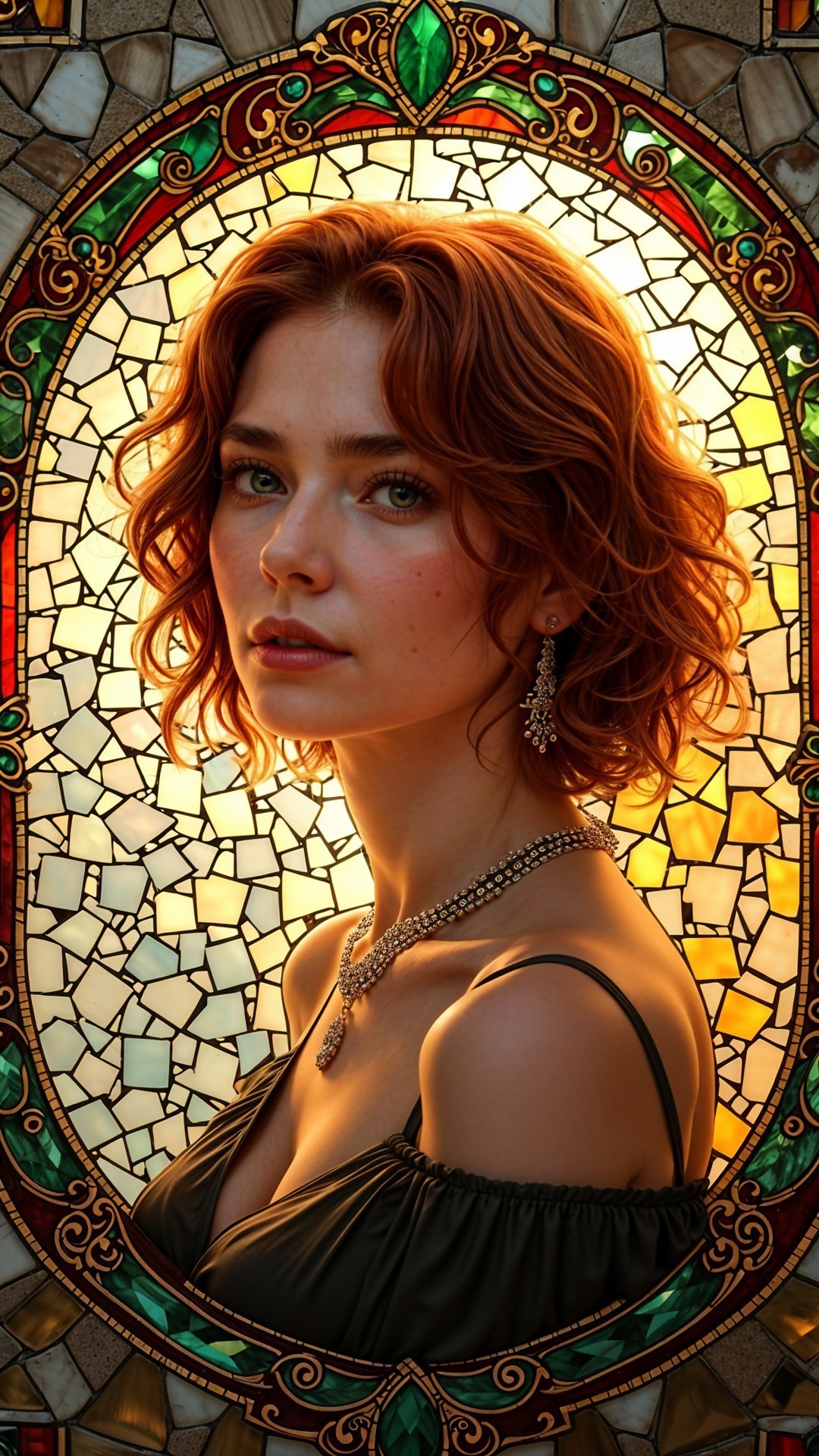 Young woman in black dress with stained glass backdrop