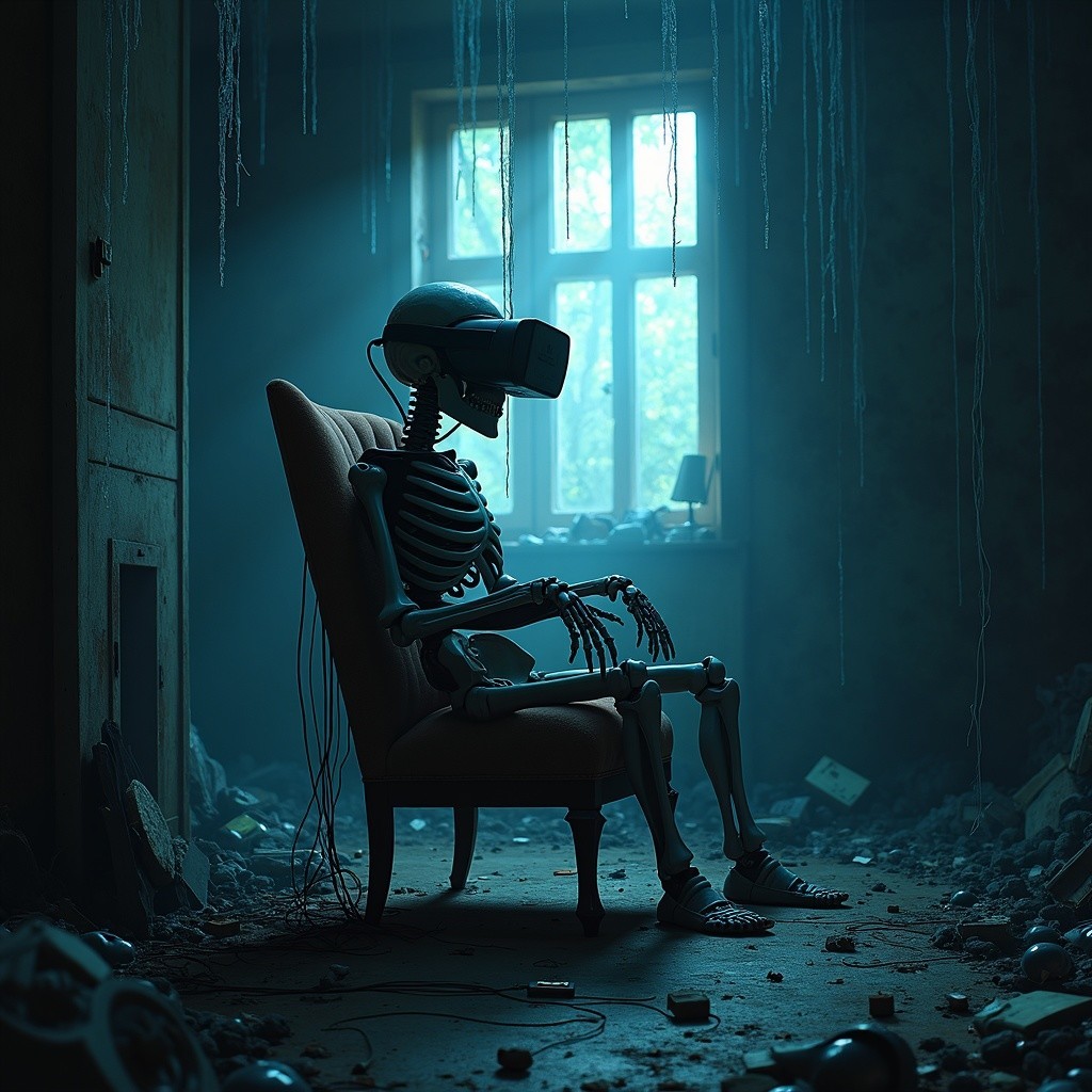 Skeleton in VR Headset in Chaotic Room Setting