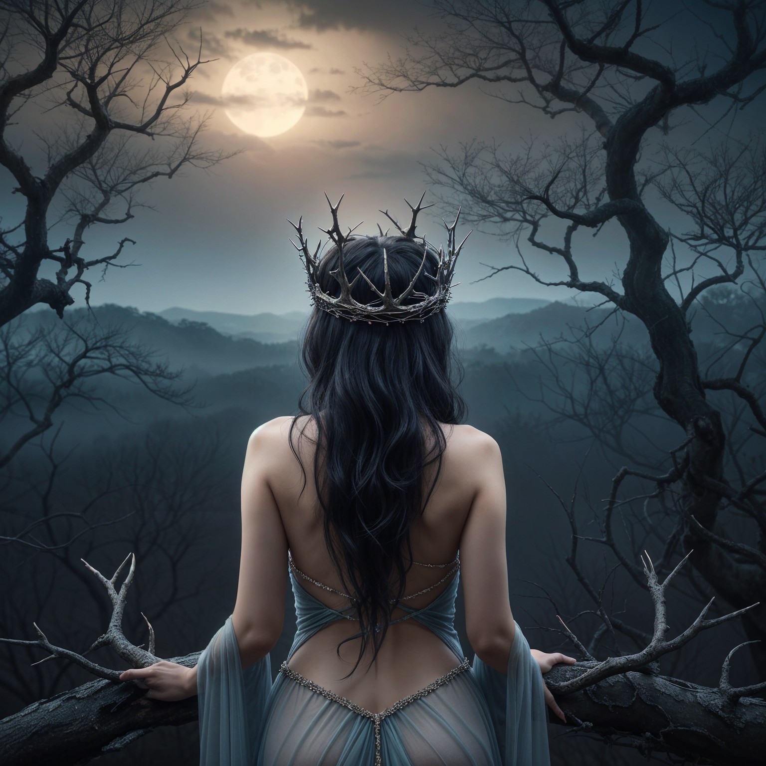 Mysterious figure in sheer gown under moonlit sky