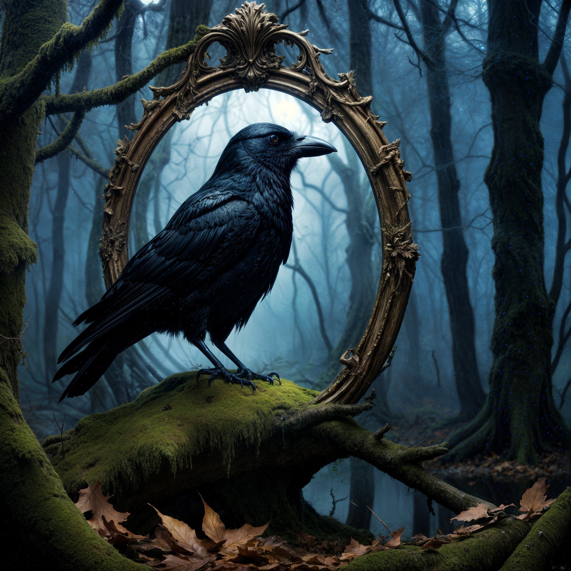 Majestic raven and antique mirror in foggy forest