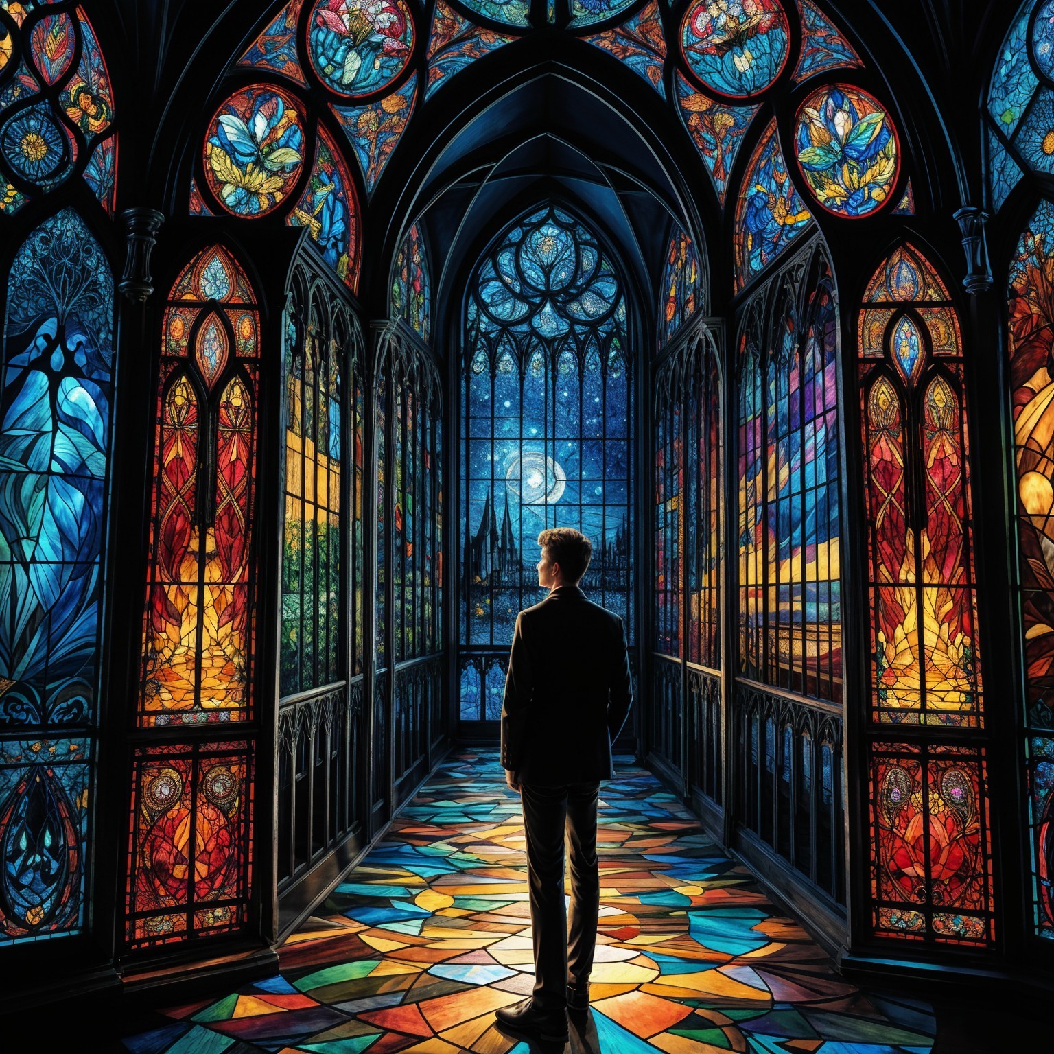 Lone Figure in Dimly Lit Stained Glass Corridor
