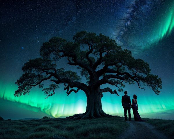 Couple Under Tree Admiring Aurora Borealis Night Sky