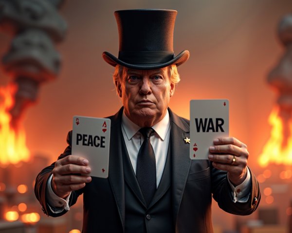 Stern Figure in Tuxedo with Peace and War Cards
