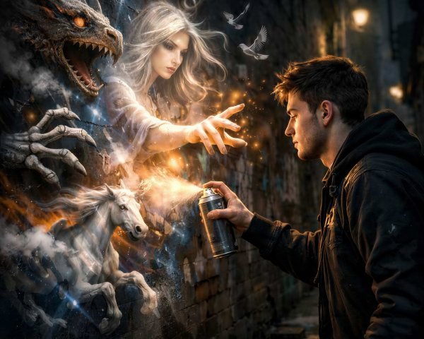 Cinematic Digital Painting of Mythical Graffiti Scene