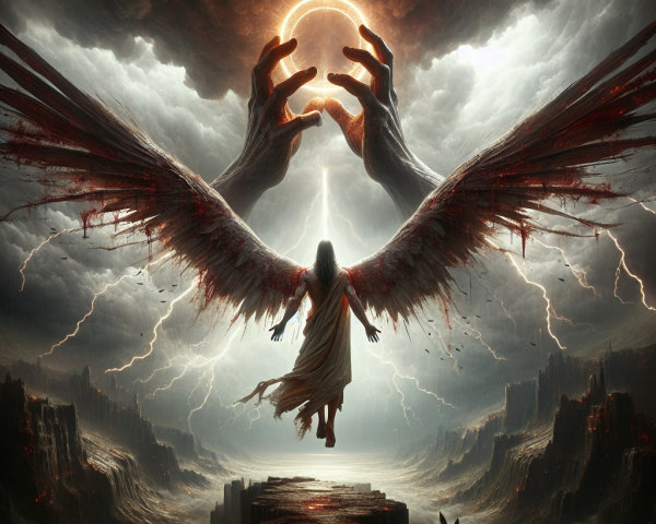 Dramatic Scene of Winged Figure in Stormy Sky
