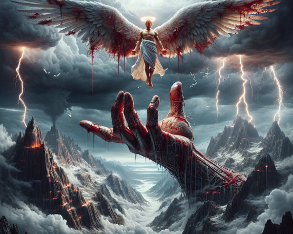 Celestial Figure Overlooks Stormy Landscape and Robot Hand