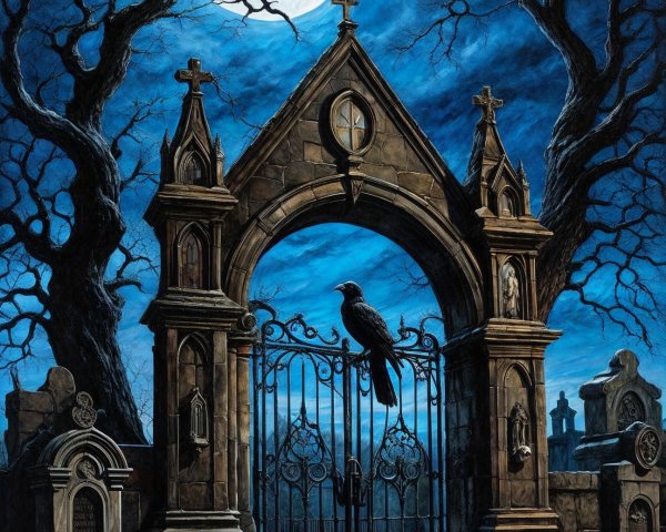 Cemetery Gate Under Full Moon with Eerie Atmosphere