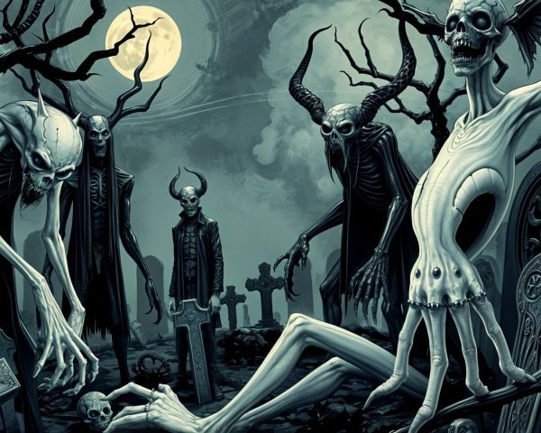 Graveyard Scene with Eerie Figures and Tombstones