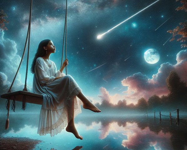 Young girl on swing by tranquil lake under stars