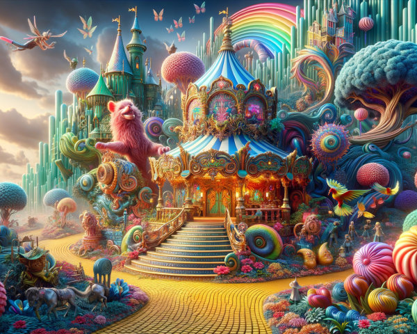 Whimsical Landscape with Carousel and Colorful Flora