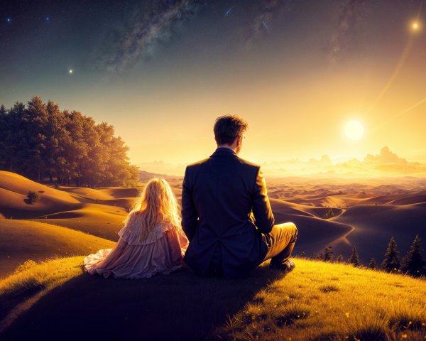 Child and adult enjoying sunset on grassy hill