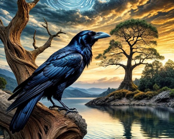 Raven on a Tree Against a Dramatic Landscape