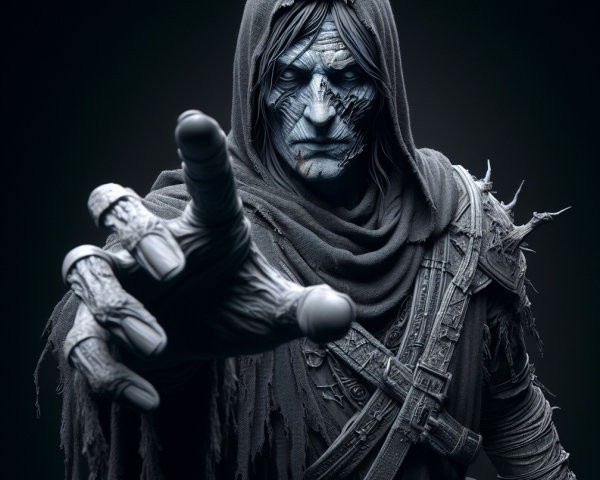 Cloaked figure with sinister face and elongated fingers