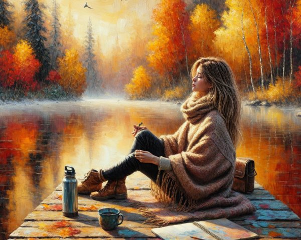 Autumn Scene with Woman by Tranquil Lake and Foliage