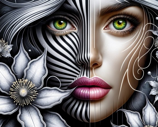 Split-Faced Woman with Realism and Abstract Elements