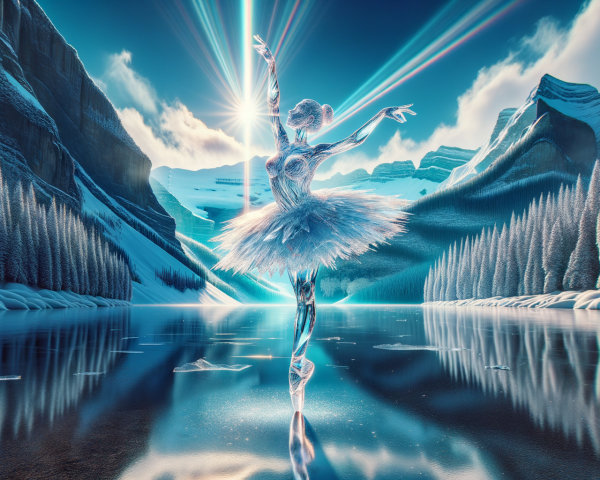 Translucent Ballerina Dancing on Frozen Lake Scene