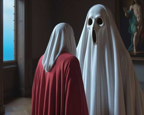 A cloaked figure encounters a ghostly presence in gallery