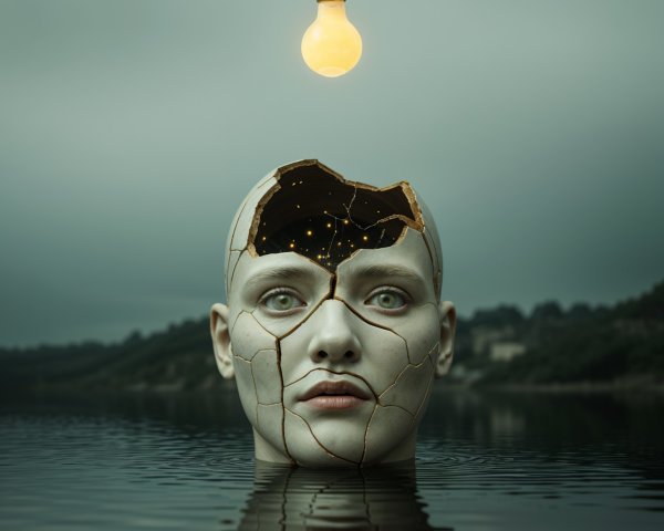 Surreal Scene of Humanoid Figure in Still Water
