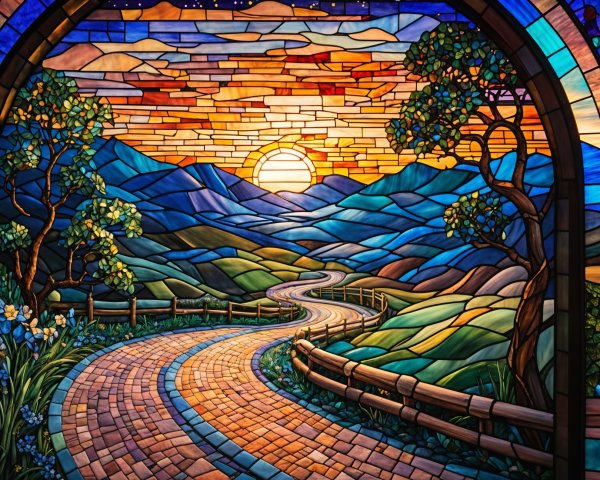 Colorful Stained Glass Artwork of Rolling Hills and Sunrise
