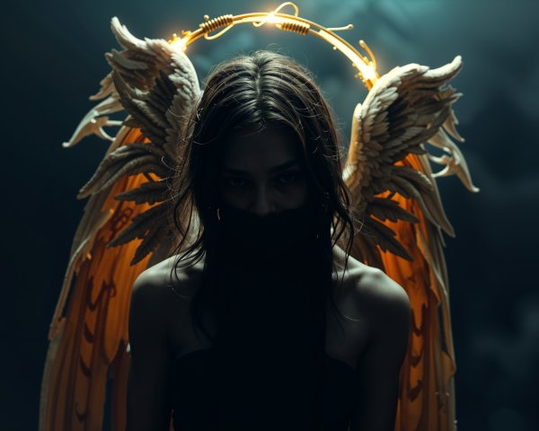 Mysterious Figure with Golden Wings in Dim Light