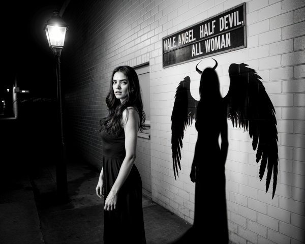 Black-and-White Image of Woman with Angelic Shadow