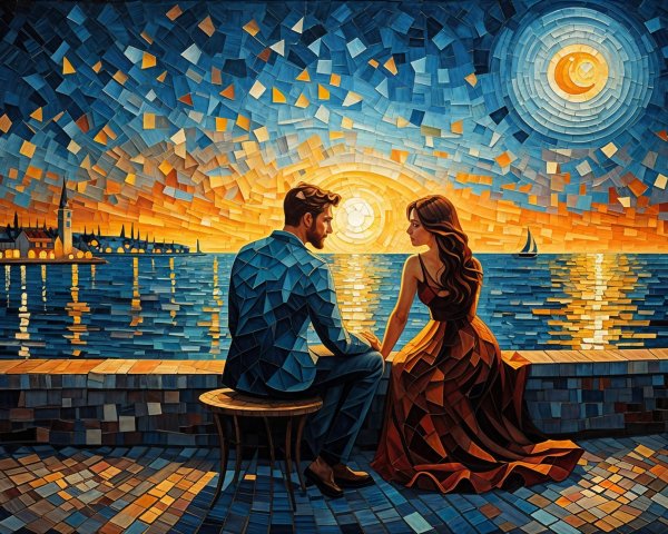 Mosaic Artwork of Couple by Serene Waterfront Sunset