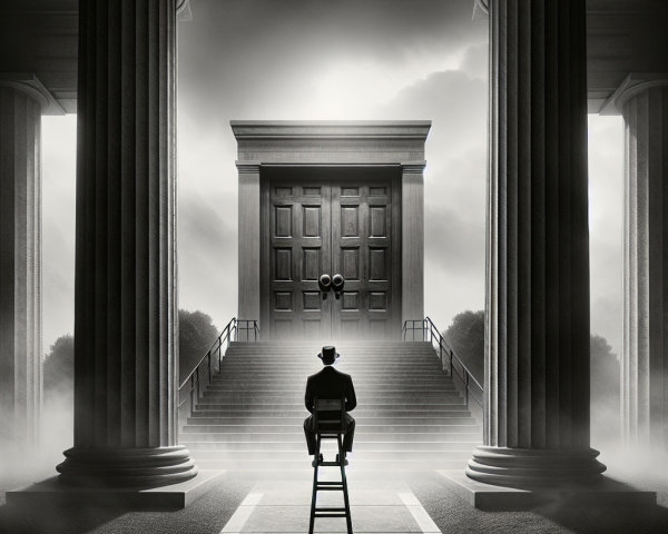 Grayscale Image of Man in Suit Facing Double Doors