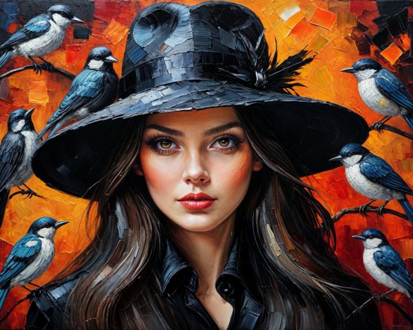 Woman with Black Hat and Bluebirds on Vibrant Background
