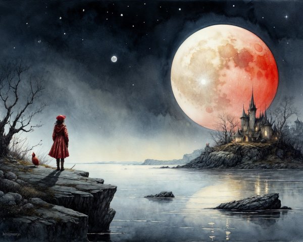 Lone Figure in Cloak by Glowing Red Moon and Castle