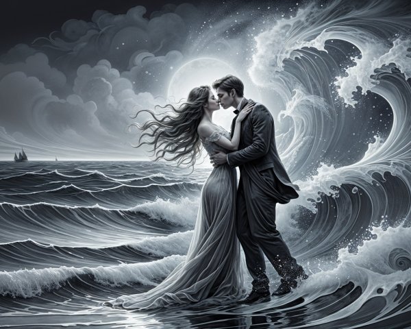 Couple Kissing in Dramatic Seascape at Night