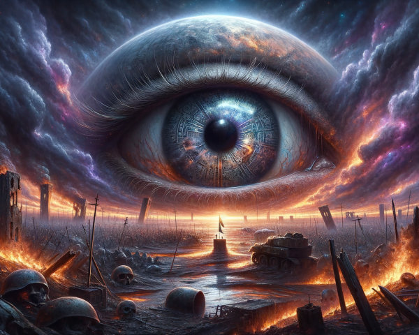 Dystopian Landscape with Oversized Eye and Desolation