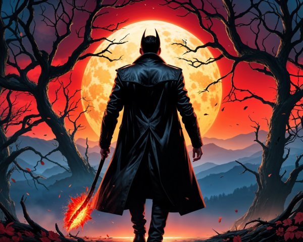Mysterious Figure with Fiery Weapon Under Full Moon