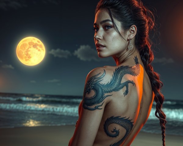 Woman with Dragon Tattoo on Moonlit Beach