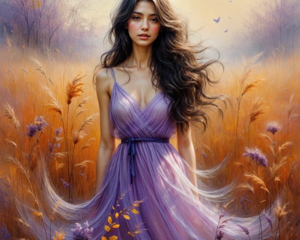 Young woman in lavender dress in golden grass field