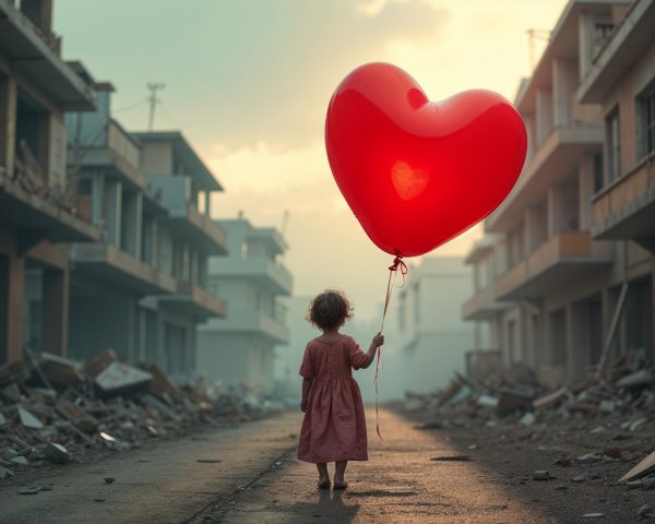 Child with red balloon in desolate urban landscape