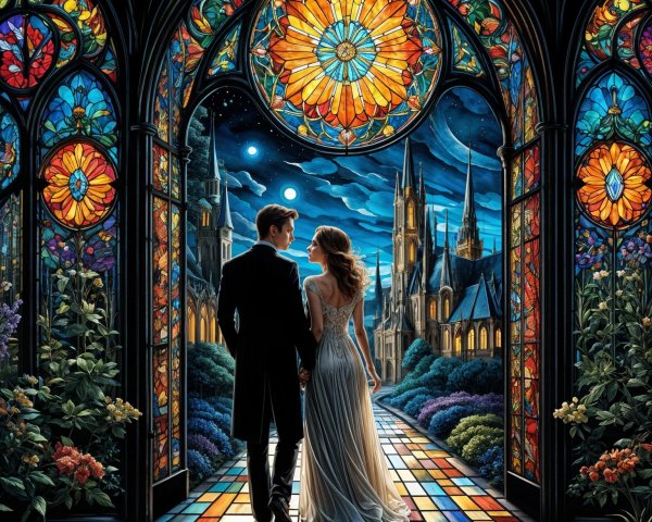 Couple Silhouetted by Stained Glass Archway at Night