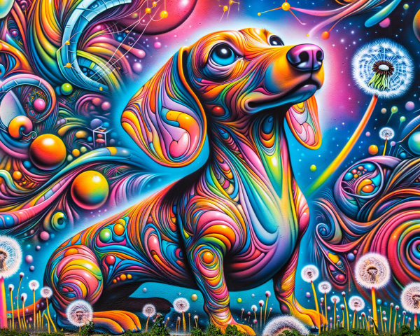 Colorful Abstract Mural of a Dachshund and Dandelions