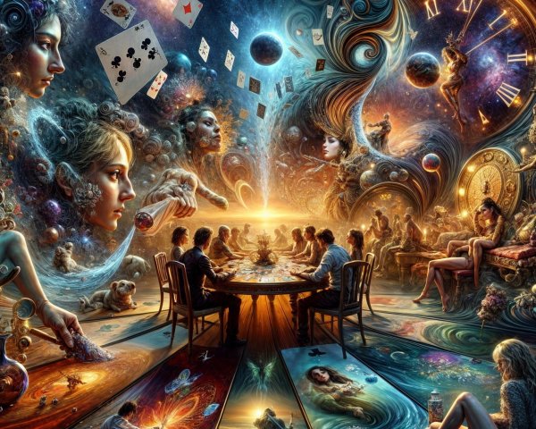 Surreal Cosmic Gathering with Ethereal Figures and Symbols