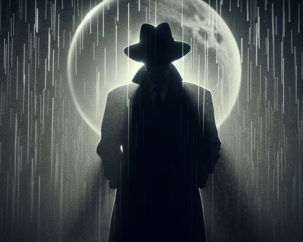 Shadowy Figure in Trench Coat Against Full Moon