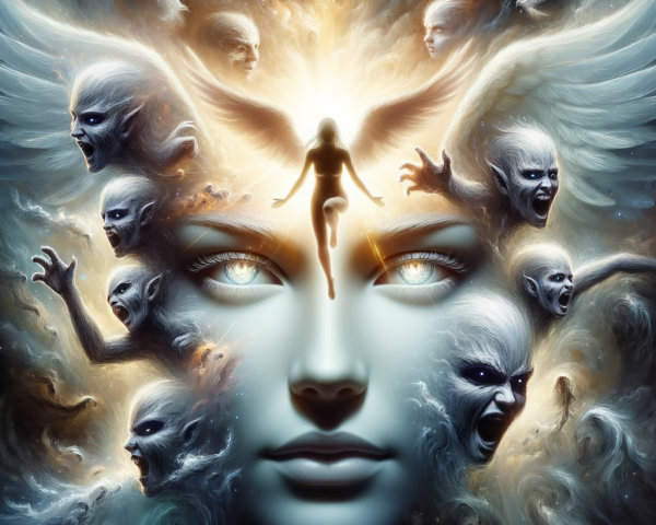 Central figure with serene expression and ethereal faces
