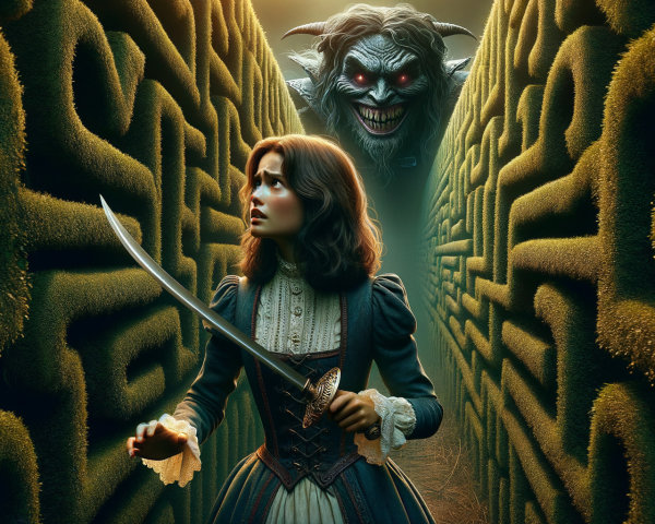 Young woman with sword in eerie green maze setting