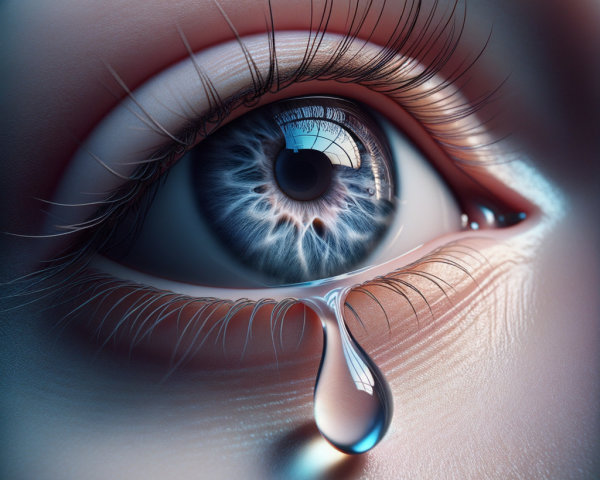Close-up of a detailed human eye with tear and reflections