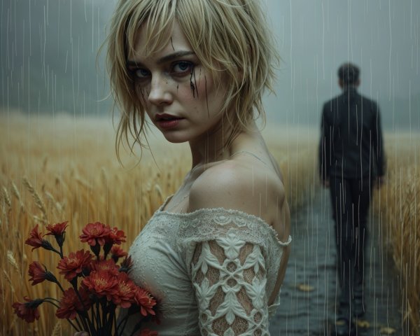 Moody Landscape with Woman in Wheat Field and Flowers