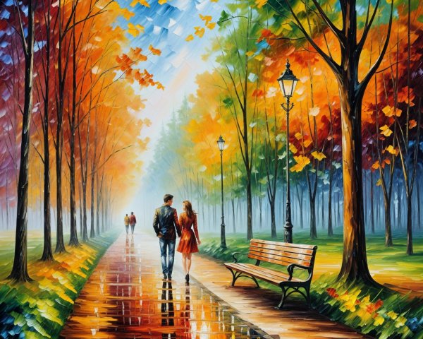 Impressionistic Autumn Scene with Couples in Park