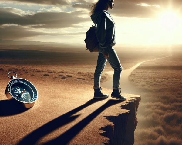 Silhouetted figure on a cliff overlooking desert horizon